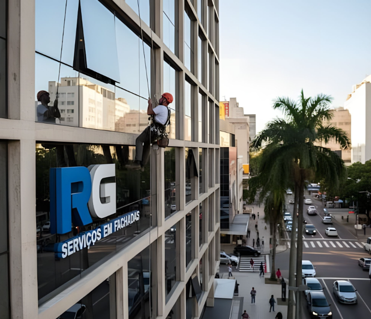 Profissional da RG Serviços em Fachadas realizando limpeza de fachada predial com acesso por corda